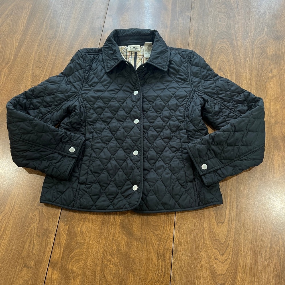 LL Bean Womens Black Quilted Riding Chore Jacket Plaid Lined Snap XS Petite